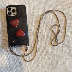 Bandolier Black Phone Case with Red Heart Accents and Strap